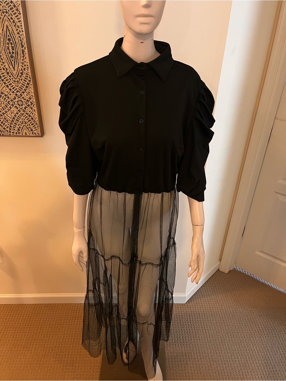 Black Button-Front Dress with Sheer Tiered Skirt